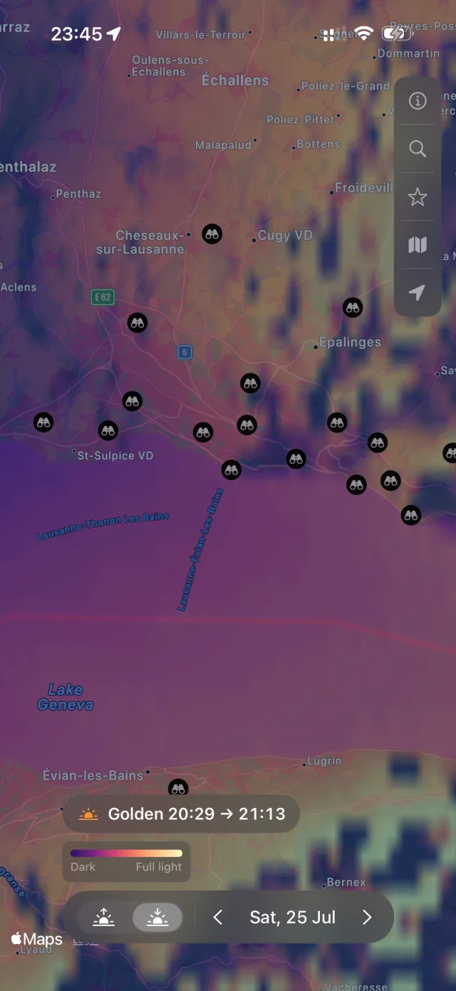 The heatmap over Lausanne and Lake Geneva, gold where the light lasts and indigo where it ends early.