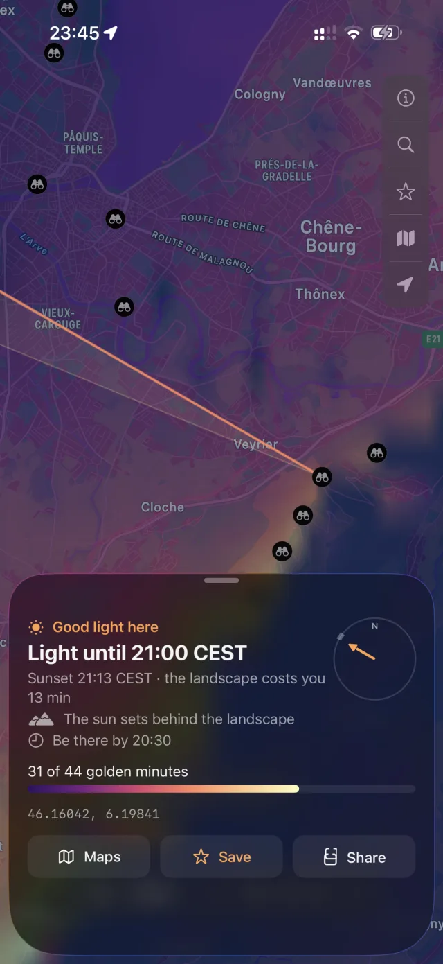 A tapped point near Geneva with a line showing the direction of the setting sun.
